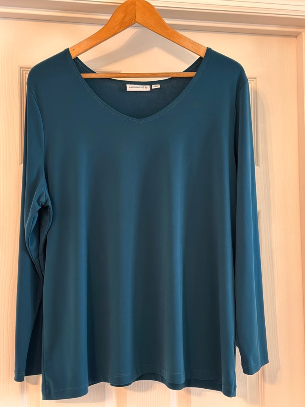 Susan Graver Teal Long-Sleeve V-Neck Tunic Top